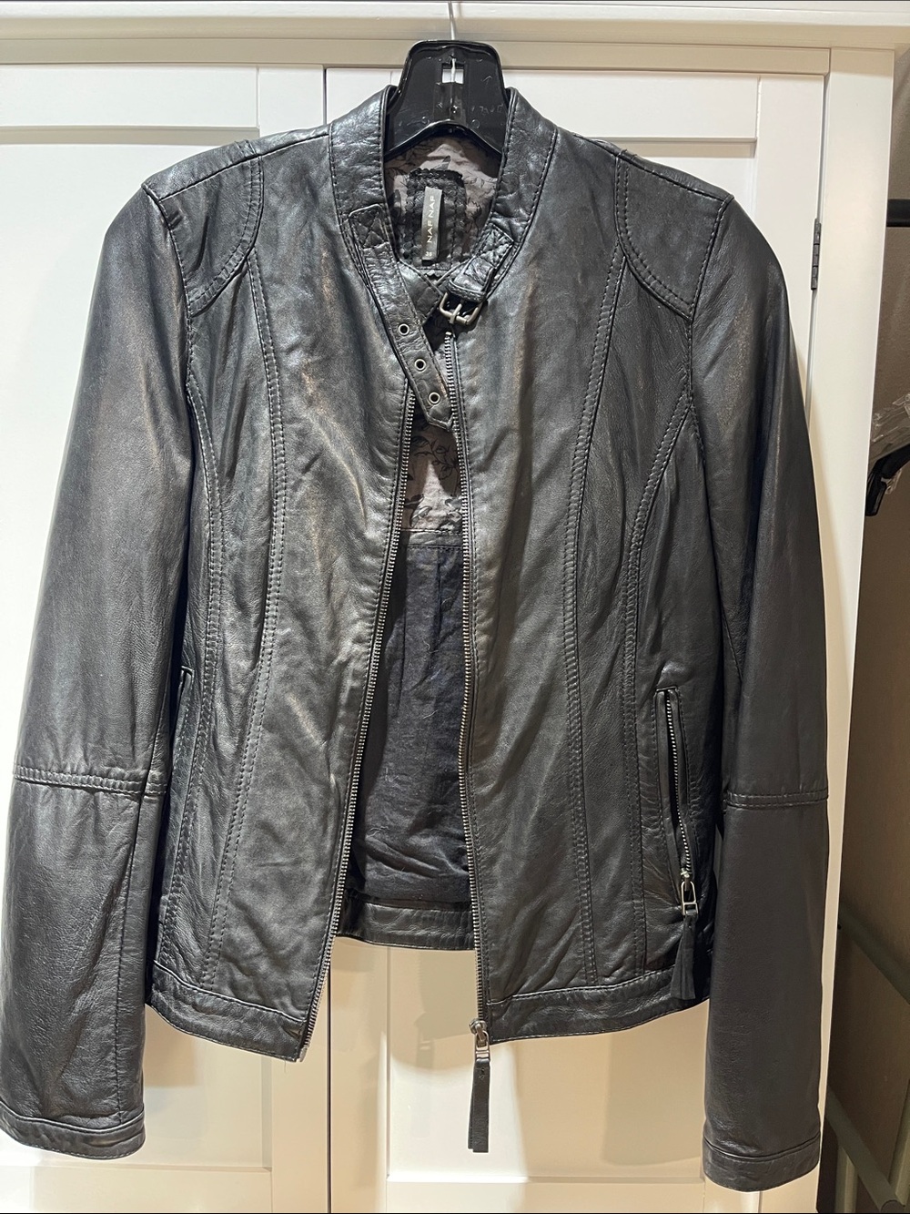 NAF NAF Black Leather Moto Jacket with Buckle Neck